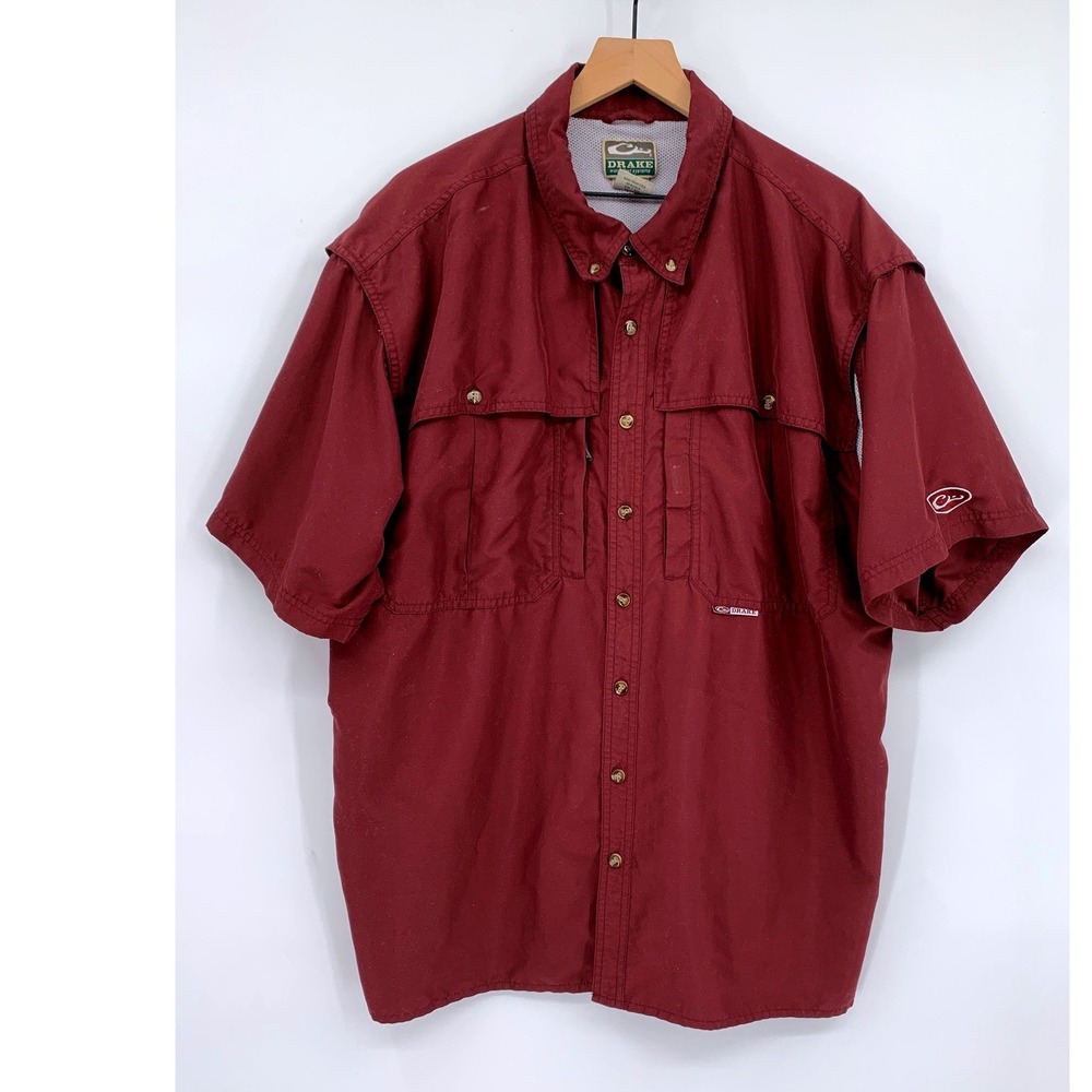 Drake Waterfowl Systems Fishing Shirt Mens 2XL Maroon Short Sleeve Vented Shirt